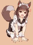  all_fours animal_ears apron breasts brown_hair cleavage dress fingernails imaizumi_kagerou large_breasts looking_at_viewer maid maid_apron maid_headdress nail_polish open_mouth red_eyes red_nails ruri_tsubame solo tail thighhighs touhou waist_apron white_legwear wolf_ears wolf_tail wrist_cuffs 