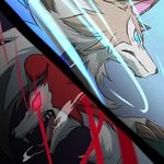  blue_eyes claws closed_mouth day dual_persona fangs gen_7_pokemon glowing glowing_eyes looking_to_the_side lycanroc night no_humans open_mouth pokemon pokemon_(creature) red_eyes sorairo_(18391611) wolf 