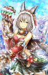  animal_ears bangs breasts christmas claw_(weapon) claws collar ears_through_headwear erune fangs gloves granblue_fantasy hair_between_eyes hourainingyou looking_at_viewer medium_breasts open_mouth sen_(granblue_fantasy) silver_hair skirt smile snowflakes solo weapon 
