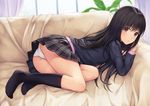  ass banned_artist black_hair brown_eyes couch highres kneehighs long_hair looking_at_viewer lying n.g. no_shoes on_side original panties pleated_skirt school_uniform skirt solo underwear white_panties 