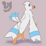  anthro anthrofied avian barefoot beak bird blue_eyes breasts butt claws eyelashes feathered_wings feathers female fur head_tuft looking_at_viewer looking_back nintendo nipples nude open_mouth pok&eacute;mon posexe presenting presenting_hindquarters raised_tail seagull side_boob simple_background solo standing tuft video_games watermark white_fur wings wingull 