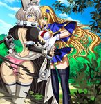  2girls ahoge arc_system_works ass blazblue blonde_hair blue_eyes blush breasts bunny_ears capelet dress elphelt_valentine fingerless_gloves from_behind gloves green_eyes guilty_gear guilty_gear_xrd guilty_gear_xrd:_revelator large_breasts long_hair looking_at_viewer miniskirt multiple_girls noel_vermillion open_mouth panties pink_panties seraphina shiny shiny_clothes shiny_hair shiny_skin short_hair sideboob skirt thighhighs torn_clothes very_long_hair 