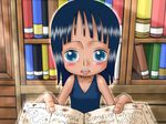  1girl blue_eyes blue_hair blush book bookshelf child dress female holding holding_book ichibit looking_at_viewer nico_robin one_piece open_book open_mouth solo standing sweatdrop 