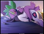  2016 anal anal_penetration animal_genitalia anthro balls bed black_balls blush braeburned cum cutie_mark dragon duo equine feral friendship_is_magic fur horn male male/male mammal my_little_pony nude on_bed open_mouth penetration scalie sex shining_armor_(mlp) spike_(mlp) tongue unicorn 