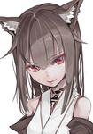  animal_ears bare_shoulders brown_hair long_hair looking_at_viewer nyatabe original pink_eyes simple_background smile solo tattoo upper_body white_background 
