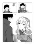  /\/\/\ 1boy 1girl box burn_scar christmas comic commentary gift gift_box greyscale hat holly kantai_collection kashima_(kantai_collection) leaning_forward mistletoe monochrome ribbed_sweater robba-san_(wangphing) santa_costume santa_hat scar scarf sweater wangphing 