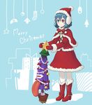  bell blue_background blue_eyes blue_hair boots bow capelet christmas christmas_lights christmas_ornaments fur_trim gift heterochromia jacket jingle_bell karakasa_obake kitano_(kitanosnowwhite) knee_boots merry_christmas mittens pantyhose red_eyes red_footwear red_jacket red_skirt santa_costume shiny shiny_hair short_hair skirt smile solo star tatara_kogasa touhou umbrella 