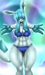  2016 abs anthro anthrofied bell blue_hair bra clothed clothing collar eeveelution female glaceon hair long_hair looking_at_viewer lurkingtyger navel nintendo nipple_bulge open_mouth pok&eacute;mon pok&eacute;morph smile solo thick_thighs underwear video_games wide_hips 