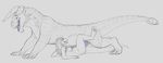  2016 abdominal_bulge absurd_res all_fours anthro anthro_on_feral bestiality black_and_white blue_eyes blue_penis breasts broken_horn bulge claws cum cum_on_penis cum_on_tail cum_splatter dialogue digital_drawing_(artwork) digital_media_(artwork) dinosaur dragon duo english_text erection female female_on_feral feral forgd hair hi_res horn interspecies larger_male long_hair looking_back lying male male/female missionary_position monochrome nipples nude on_back open_mouth orgasm penetration penis raptor scales scalie sex side_view size_difference sketch slit_pupils taunting teeth text theropod vaginal vaginal_penetration yaroul zaisha 