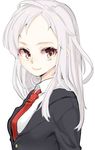  brown_eyes forehead looking_at_viewer necktie nyatabe original simple_background smile solo upper_body white_background white_hair 