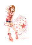  ;d bad_id bad_pixiv_id blue_eyes blue_shorts blush boots bow brown_hair collarbone eyebrows_visible_through_hair floral_print full_body highres holding holding_umbrella long_hair long_sleeves marmoset_(marmoset0) one_eye_closed open_mouth original pink_bow pink_footwear pink_shirt raincoat rubber_boots see-through shirt short_shorts shorts simple_background sleeveless sleeveless_shirt smile solo sparkle standing umbrella water_drop white_background 