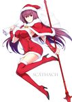  boots breasts covered_navel fate/grand_order fate_(series) gae_bolg harukon_(halcon) hat high_heel_boots high_heels highres holding holding_weapon large_breasts long_hair looking_at_viewer polearm purple_hair red_eyes red_footwear red_legwear sack santa_costume santa_hat scathach_(fate)_(all) scathach_(fate/grand_order) simple_background smile solo thigh_boots thighhighs weapon white_background 