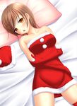  bare_shoulders blush brown_eyes brown_hair elbow_gloves eyebrows_visible_through_hair gloves hat hat_removed headwear_removed ki_(kk-sk-ray) lying on_back open_mouth original red_gloves santa_costume santa_hat short_hair solo strapless_santa_dress thighhighs 