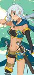  bare_shoulders blue_eyes breasts cleavage dark_skin elbow_gloves gloves long_hair midriff navel open_mouth ring rondorine_e._effenberg scarf short_shorts shorts silver_hair sword tales_of_(series) tales_of_phantasia tales_of_phantasia:_narikiri_dungeon_x thighhighs weapon 