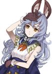  animal_ears blue_hair breasts brown_gloves erune ferry_(granblue_fantasy) frown gloves granblue_fantasy long_hair nyatabe sideboob simple_background small_breasts solo upper_body white_background yellow_eyes 