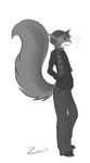  anthro clothed clothing fluffy fluffy_tail fur greyscale hair male mammal monochrome rodent simple_background smile solo squirrel white_background zenirix 