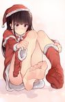  bangs barefoot batatata77 black_hair blush capelet convenient_leg feet fur-trimmed_legwear fur-trimmed_sleeves fur_trim hair_ornament hair_scrunchie hat highres holding_socks knees_together_feet_apart knees_up light_frown long_hair one_side_up original pov_feet purple_eyes santa_costume santa_hat scrunchie shadow single_sock sitting socks socks_removed soles solo sweatdrop toes 