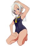  :d arm_up armpits blue_eyes breasts dark_skin full_body highres kneeling looking_at_viewer nyatabe one-piece_swimsuit open_mouth original sailor_collar sailor_one-piece_swimsuit short_hair silver_hair small_breasts smile solo swimsuit teeth 