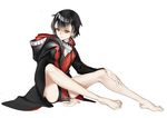  barefoot black_hair cloak full_body hood hood_down hooded_cloak nyatabe orange_eyes original short_hair sitting solo 