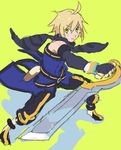  1boy ahoge bare_shoulders blonde_hair boots elbow_gloves emil_castagnier gloves green_background green_eyes pants scarf sword tales_of_(series) tales_of_symphonia_knight_of_ratatosk weapon 