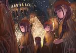  beret black_hair candle christmas christmas_tree city commentary dark dutch_angle hair_ornament hairclip hat holding lights long_hair multiple_girls night original popopo_(popopo5656) robe short_hair signature sky smile snowing 