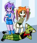  2015 anthro aquatic_dragon basset_hound breasts canine carol_tea clothed clothing dog dragon feline female freedom_planet fur green_eyes green_fur group hair halpenstance hybrid lying mammal midriff milla_basset navel on_side orange_hair purple_hair sash_lilac smile tan_fur video_games wildcat 