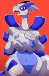  2016 4_fingers anthro anthrofied areola big_breasts blue_areola blue_nipples blue_skin blush breast_fondling breast_squish breasts brown_eyes female fondling hand_on_breast legendary_pok&eacute;mon looking_at_viewer lugia navel nintendo nipples nude open_mouth pok&eacute;mon pok&eacute;morph pussy red_background simple_background snappygrey solo standing tongue video_games white_skin wide_hips 