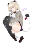  animal_ears artist_name bad_id bad_twitter_id bangs bell bell_collar black_legwear blonde_hair blush bow breasts brown_footwear cardigan collar commentary cow_ears cow_girl cow_tail eyebrows_visible_through_hair highres jingle_bell kou_mashiro large_breasts loafers looking_at_viewer original pantyhose pantyhose_pull purple_eyes red_bow shirt shoes shoes_removed short_hair signature simple_background single_shoe sleeves_past_wrists smile solo tail tail_bow tail_raised thighs white_background white_shirt 