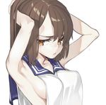  armpits arms_behind_head arms_up blue_sailor_collar breasts brown_hair highres long_hair nyatabe original sailor_collar sideboob simple_background small_breasts solo upper_body white_background yellow_eyes 