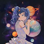  arm_garter blue_eyes blue_hair candy dress earrings fen_renlei food from_side hair_ornament hairclip hatsune_miku jewelry lollipop long_hair looking_at_viewer one_eye_closed planet solo star star_hair_ornament twintails vocaloid 