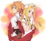  1boy 1girl armor blonde_hair blue_eyes bodysuit breasts brown_eyes cape cless_alvein dress gloves hat headband jewelry long_hair mint_adenade nurse_cap orange_hair short_hair smile tales_of_(series) tales_of_phantasia 