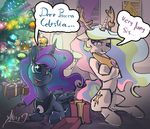  2014 alumx antlers blue_eyes blue_feathers blue_fur blue_hair christmas christmas_tree cutie_mark dialogue duo english_text equine feathered_wings feathers female feral friendship_is_magic fur gift hair holidays horn inside jewelry mammal multicolored_hair my_little_pony necklace princess_celestia_(mlp) princess_luna_(mlp) text tree white_feathers white_fur winged_unicorn wings 