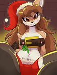  2016 4_fingers :3 amber_eyes anthro bedroom_eyes belt black_nose breasts brown_fur brown_hair cervine christmas clothed clothing deer doe_(alfa995) eyelashes female fur hair half-closed_eyes hat head_tilt holidays inviting legwear long_hair looking_at_viewer mammal mistletoe navel nipples plant santa_hat seductive shorts sitting smile snappygrey solo spread_legs spreading stockings tan_fur thigh_highs white_fur 