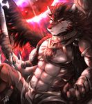  abs anthro biceps canine clothed clothing digital_media_(artwork) fur male mammal muscular muscular_male pecs red_eyes solo tach8 topless wolf 