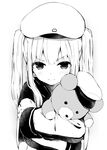  &gt;:( bangs beret blush commentary_request frown fueru_nattou graf_zeppelin_(kantai_collection) greyscale hat highres kantai_collection long_hair looking_at_viewer military military_hat military_uniform monochrome object_hug sleeves_past_wrists solo stuffed_animal stuffed_toy teddy_bear twintails uniform upper_body v-shaped_eyebrows younger 