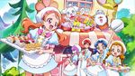  absurdres apron arisugawa_himari arm_up bow cake cream_puff cup food hat highres holding holding_cup holding_tray ino_marie kenjou_akira kirakira_patisserie_uniform kirakira_precure_a_la_mode kotozume_yukari multiple_girls official_art open_mouth pastry patissier pekorin_(precure) precure promotional_art pudding smile tategami_aoi teacup teapot tray usami_ichika 