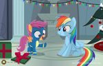  2016 blue_fur christmas christmas_lights christmas_tree clothing cutie_mark duo equine feathered_wings feathers female feral friendship_is_magic fur gift hair hi_res holidays inside mammal multicolored_hair my_little_pony orange_feathers orange_fur pegasus purple_eyes purple_hair rainbow_dash_(mlp) rainbow_hair scootaloo_(mlp) shutterflyeqd smile tree uniform wings 