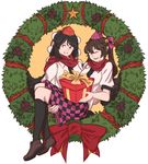  ;d bangs bell black_hair black_legwear black_wings breasts brown_eyes brown_footwear brown_hair carrying checkered christmas_wreath collared_shirt gift grin hair_bell hair_ornament hat highres himekaidou_hatate jingle_bell kneehighs large_breasts looking_at_viewer mefomefo multiple_girls one_eye_closed open_mouth outline pointy_ears princess_carry red_eyes red_scarf scarf shameimaru_aya shirt shoes short_hair short_sleeves smile teeth tokin_hat tongue touhou twintails white_background white_shirt wings yellow_background 