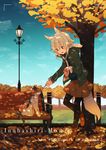  alternate_costume animal animal_ears autumn_leaves bench black_legwear blue_sky boots cat character_name contemporary dappled_sunlight day hide448 highres hood hooded_jacket inubashiri_momiji jacket lamppost leg_up long_sleeves outdoors red_eyes sidelocks skirt sky smile solo sunlight tail touhou tree white_hair wolf_ears wolf_tail 