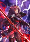  bangs between_breasts bodysuit breasts covered_navel cowboy_shot electricity eyebrows_visible_through_hair fate/grand_order fate_(series) gae_bolg hair_intakes holding holding_weapon long_hair looking_at_viewer medium_breasts pauldrons polearm purple_background purple_bodysuit purple_hair red_eyes scathach_(fate)_(all) scathach_(fate/grand_order) shards shiny shiny_clothes skindentation solo spear suishougensou very_long_hair weapon 