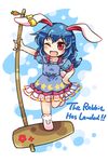  animal_ears blue_background blue_dress blue_hair bobby_socks bunny_ears charm_(object) chibi dress ear_clip english full_body hand_on_hip kine long_hair mallet one_eye_closed open_mouth pote_(ptkan) red_eyes seiran_(touhou) smile socks solo standing standing_on_one_leg touhou 