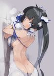  against_wall arms_up ass back backless_outfit bare_back bare_shoulders bdsm black_hair blue_bow blue_eyes blue_neckwear blue_ribbon blush bondage bound bound_wrists bow bowtie breasts butt_crack covered_navel dress dungeon_ni_deai_wo_motomeru_no_wa_machigatteiru_darou_ka from_behind gloves hair_ribbon heavy_breathing hestia_(danmachi) hyocorou image_sample large_breasts long_hair looking_at_viewer looking_back one_eye_closed open_mouth pixiv_sample rei_no_himo ribbon short_dress sideboob sleeveless sleeveless_dress solo sweat twintails very_long_hair wall white_dress white_gloves 