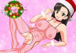  1girl black_eyes black_hair blush breasts condom cum cum_in_mouth girls_und_panzer large_breasts mevius9 navel nipples nishi_kinuyo pussy santa_hat solo used_condom 