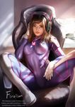  animal_print artist_name asian bangs blue_bodysuit bodysuit boots bracer breasts brown_eyes brown_hair bunny_print chair couch d.va_(overwatch) eyebrows facepaint facial_mark firolian gloves hand_on_headphones headphones high_collar highres indoors light_rays light_smile lips long_hair looking_at_viewer nose office_chair overwatch pilot_suit realistic ribbed_bodysuit shoulder_pads signature sitting skin_tight small_breasts solo spread_legs swept_bangs watermark wavy_hair web_address whisker_markings white_footwear white_gloves 