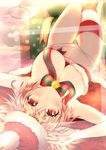  bell blonde_hair blush bra breasts christmas cleavage eroriru fur_trim green_ribbon hat large_breasts legs_together looking_at_viewer lying navel on_back original panties parted_lips red_bra red_panties red_ribbon ribbon santa_hat short_hair single_thighhigh solo striped striped_legwear striped_ribbon thighhighs underwear upside-down yellow_eyes 