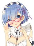  blue_eyes blue_hair blush breasts glasses hair_ornament looking_at_viewer maid maid_headdress medium_breasts mori_airi purple_ribbon re:zero_kara_hajimeru_isekai_seikatsu red-framed_eyewear rem_(re:zero) ribbon short_hair simple_background solo white_background x_hair_ornament 