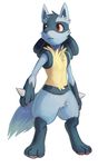  2016 anthro black_fur blue_fur canine digital_media_(artwork) fluffy fluffy_tail fur haychel hi_res leon_(haychel) looking_away lucario male mammal nintendo pok&eacute;mon red_eyes simple_background standing video_games 