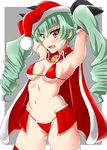  anchovy armpits bikini blush christmas drill_hair fang girls_und_panzer green_hair groin hair_ornament hat long_hair navel open_mouth red_eyes ribbon santa_costume santa_hat sawa_(snack_yoshie) skirt solo swimsuit twin_drills 