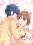  1girl antenna_hair blue_eyes blue_hair brown_eyes brown_hair clannad couple daamiyan eye_contact furukawa_nagisa hands_on_another's_cheeks hands_on_another's_face hetero hikarizaka_private_high_school_uniform looking_at_another okazaki_tomoya sailor_collar school_uniform short_hair smile 