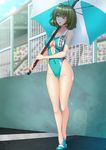  ame_isshiki aqua_leotard aqua_swimsuit bare_shoulders blue_leotard breasts cleavage cleavage_cutout clothes_writing fence green_eyes green_hair high_heels highleg highleg_leotard highleg_swimsuit highres holding holding_umbrella idolmaster idolmaster_cinderella_girls lens_flare leotard looking_at_viewer medium_breasts mole mole_under_eye one_eye_closed race_queen short_hair solo standing swimsuit takagaki_kaede umbrella 